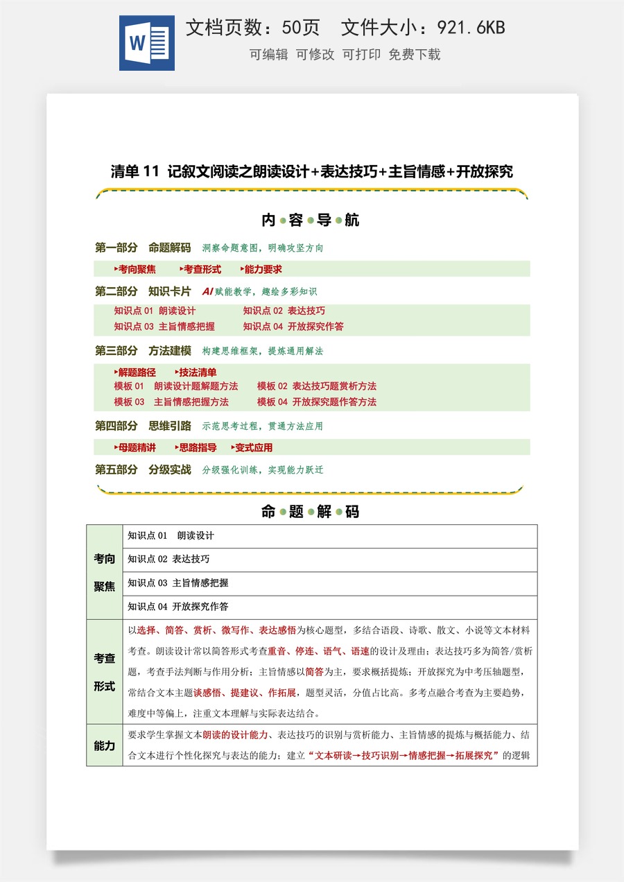 初中-语文-中考语文-二轮复习知识点-清单11 记叙文阅读之朗读设计+表达技巧+主旨情感+开放探究（知识·方法·能力清单）（学生版）.docx